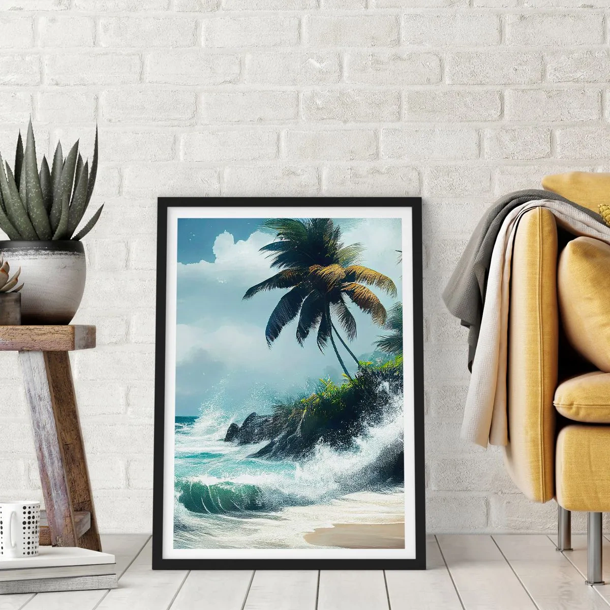 Poster in cornice nera - Spiaggia tropicale con palme e oceano agitato - 50x70cm - Sulla riva tropicale - Decorazione murale moderna per soggiorno e camera da letto ARTTOR