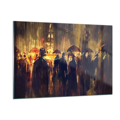 Quadro su vetro - Una folla con ombrelli sotto la pioggia sullo sfondo delle luci della città - 120x80cm - Gli adoratori della pioggia - Decorazione murale moderna per soggiorno e camera da letto ARTTOR