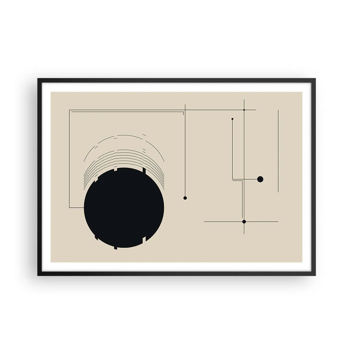 Poster in cornice nera - Linee geometriche nere e un cerchio su uno sfondo beige - 100x70cm - Composizione elastica e dinamica - Decorazione murale moderna per soggiorno e camera da letto ARTTOR