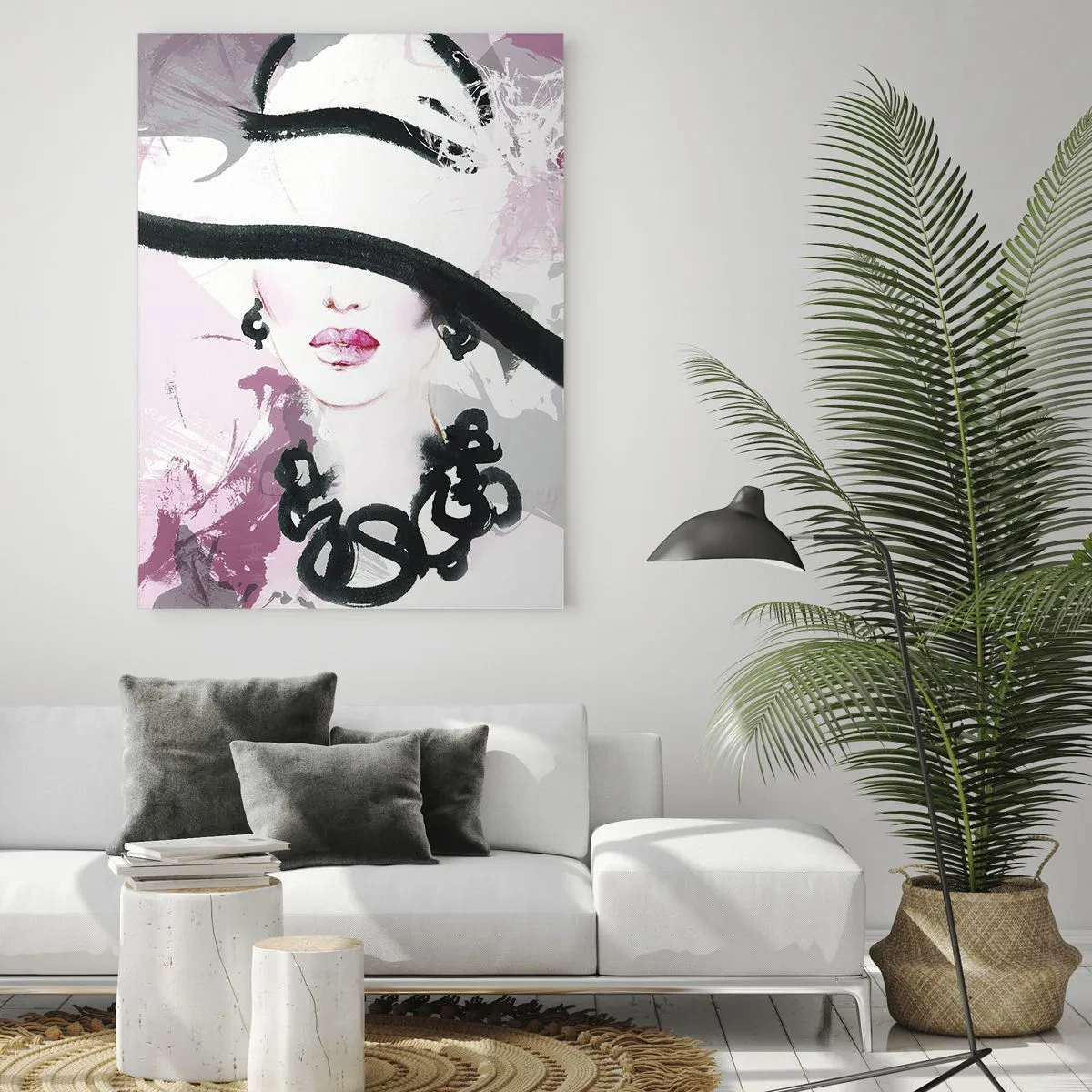 Quadro su vetro - Ritratto di una donna con un cappello nero su sfondo rosa - 50x70cm - Ritratto di donna in nero e rosa - Decorazione murale moderna per soggiorno e camera da letto ARTTOR