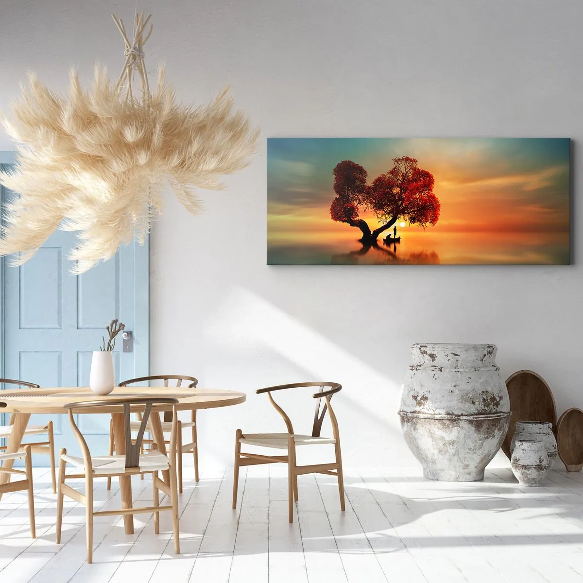 Quadro su tela - Stampe su Tela - Un albero dalle foglie rosse e una barca sull'acqua al tramonto - 140x50cm - Gli esiliati e il silenzio fuori dal mondo - Decorazione murale moderna per soggiorno e camera da letto ARTTOR