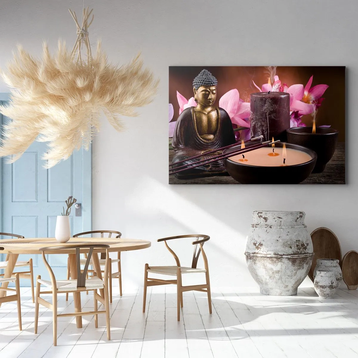 Quadro su tela - Stampe su Tela - Statuetta di Buddha con candele accese e bastoncini di incenso - 100x70cm - Purificare la mente, calmare il corpo - Decorazione murale moderna per soggiorno e camera da letto ARTTOR