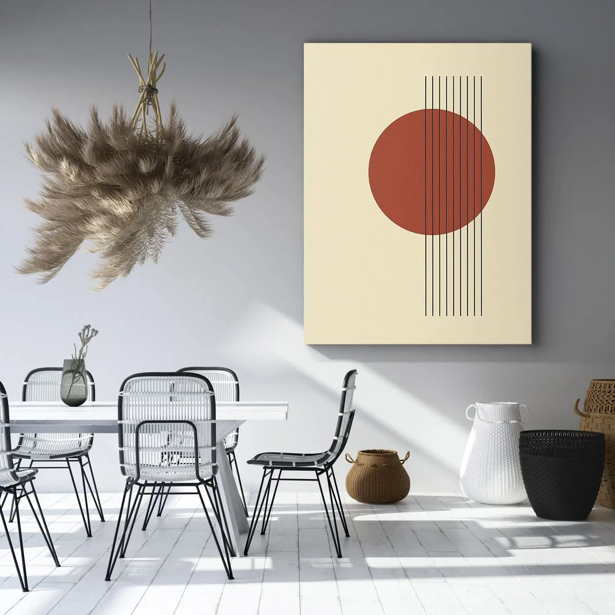 Quadro su tela - Stampe su Tela - Cerchio rosso astratto con linee su sfondo beige. - 50x70cm - Nel cerchio e oltre - Decorazione murale moderna per soggiorno e camera da letto ARTTOR