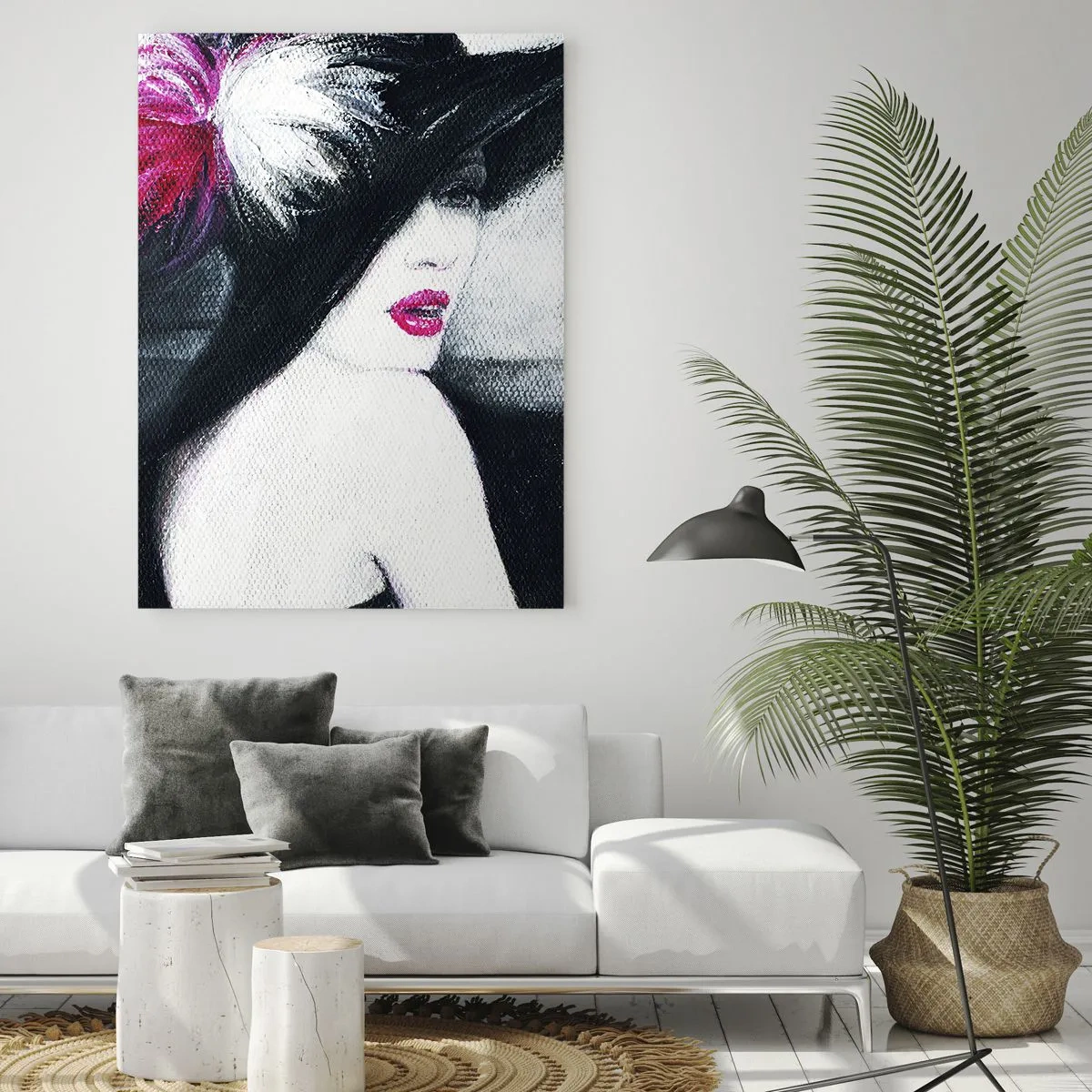 Quadro su vetro - Ritratto di una donna con un grande cappello con una piuma rosa - 50x70cm - Sempre un mistero - Decorazione murale moderna per soggiorno e camera da letto ARTTOR