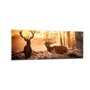 Quadro su vetro - Due cervi al tramonto in un paesaggio invernale - 140x50cm - Il sogno del cacciatore - Decorazione murale moderna per soggiorno e camera da letto ARTTOR