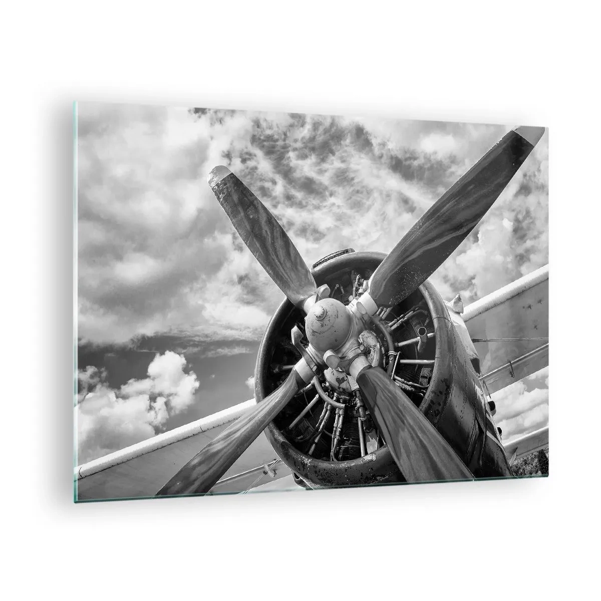 Quadro su vetro - Primo piano dell'elica di un aereo in bianco e nero. - 70x50cm - Il dominatore dell'aria - Decorazione murale moderna per soggiorno e camera da letto ARTTOR