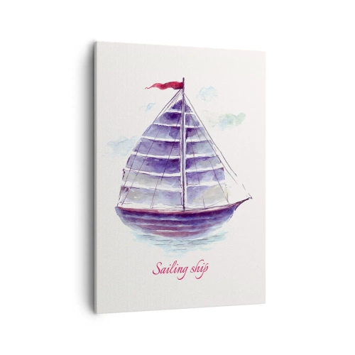 Quadro su tela - Stampe su Tela - Un dipinto ad acquerello di una barca a vela sull'acqua con una delicata iscrizione - 50x70cm - Gonfie vele e mare calmo - Decorazione murale moderna per soggiorno e camera da letto ARTTOR