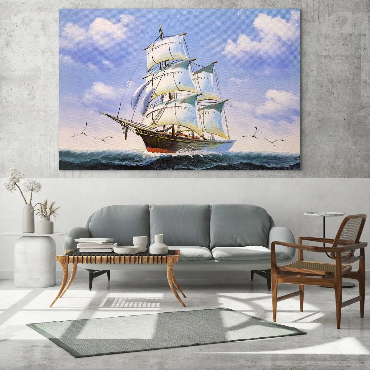 Quadro su vetro - Una nave a vela in alto mare sotto un cielo azzurro - 70x50cm - Con orgoglio nel vento - Decorazione murale moderna per soggiorno e camera da letto ARTTOR