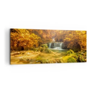Quadro su tela - Stampe su Tela - Una cascata dorata in una foresta autunnale circondata dal verde - 120x50cm - Cascata boschiva in oro - Decorazione murale moderna per soggiorno e camera da letto ARTTOR