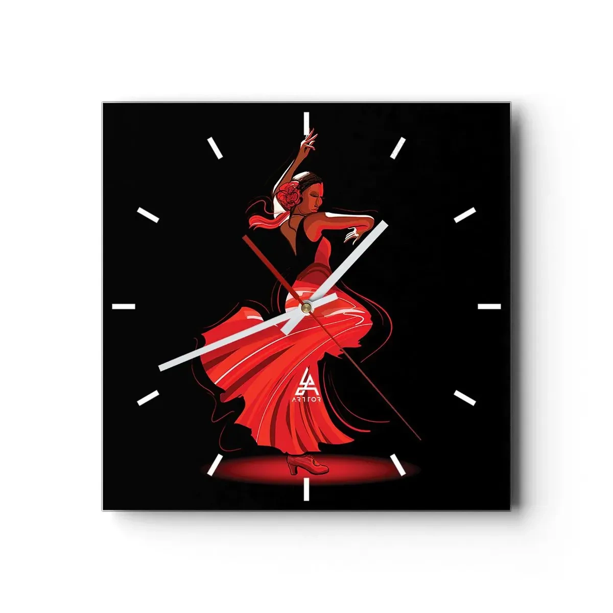 Orologio da parete - Orologio in Vetro - Ballerina di flamenco in abito rosso su sfondo nero - 30x30cm - Lo spirito focoso del flamenco - Decorazione murale moderna per soggiorno e camera da letto ARTTOR
