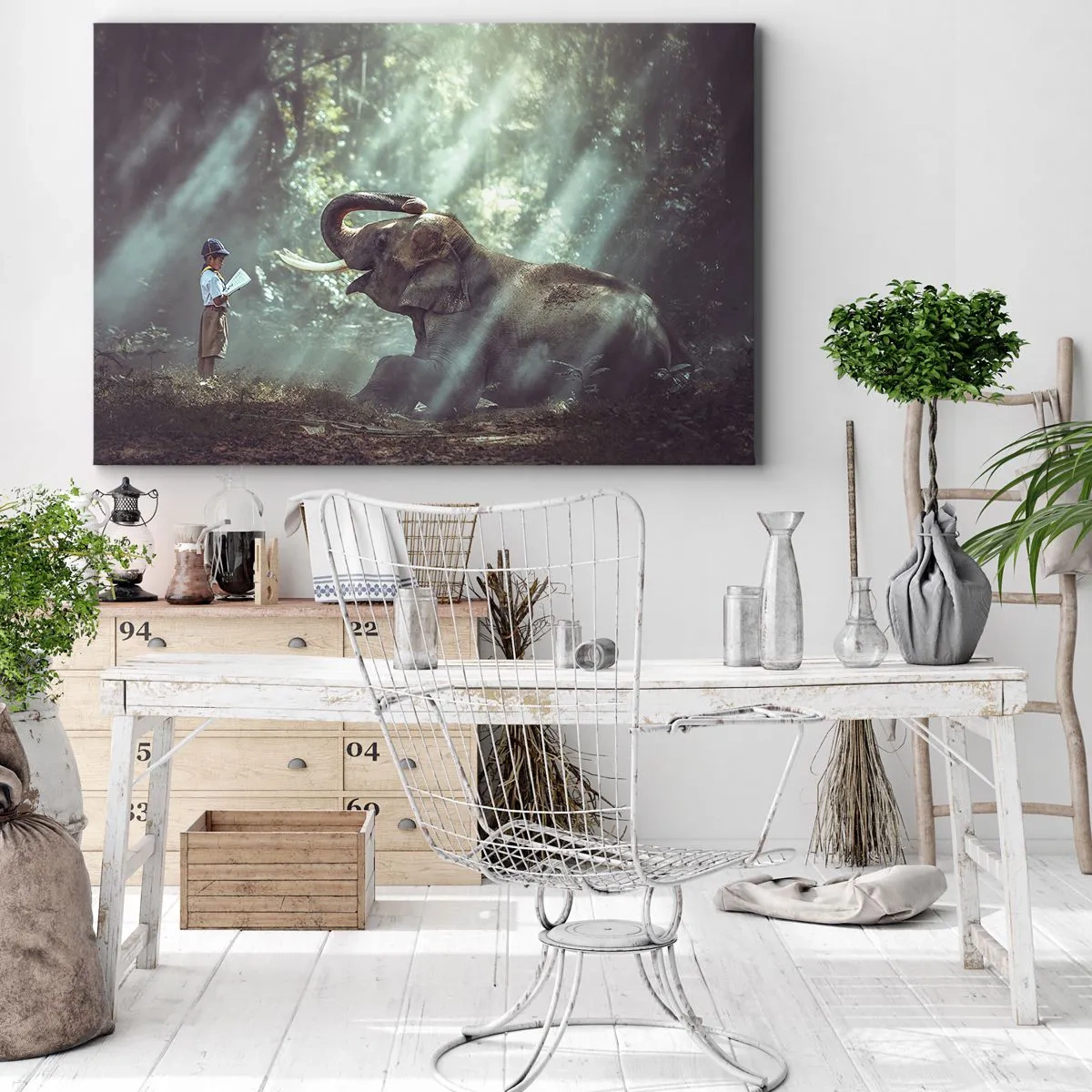 Quadro su tela - Stampe su Tela - Un ragazzo e un elefante in una foresta illuminata dalla luce del sole - 70x50cm - Ascoltalo… - Decorazione murale moderna per soggiorno e camera da letto ARTTOR