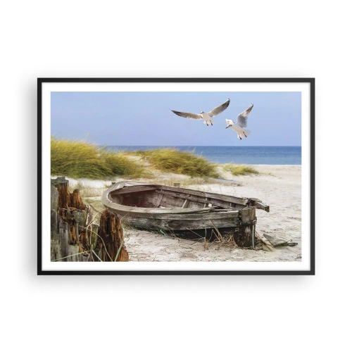 Poster in cornice nera - Barca abbandonata su una spiaggia con gabbiani - 100x70cm - Bagnate dal vento - Decorazione murale moderna per soggiorno e camera da letto ARTTOR