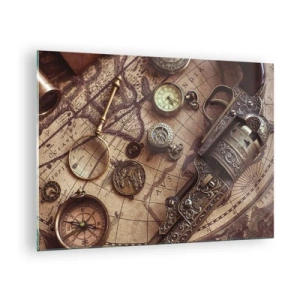 Quadro su vetro - Oggetti antichi e una mappa - 70x50cm - La natura chiama - Decorazione murale moderna per soggiorno e camera da letto ARTTOR