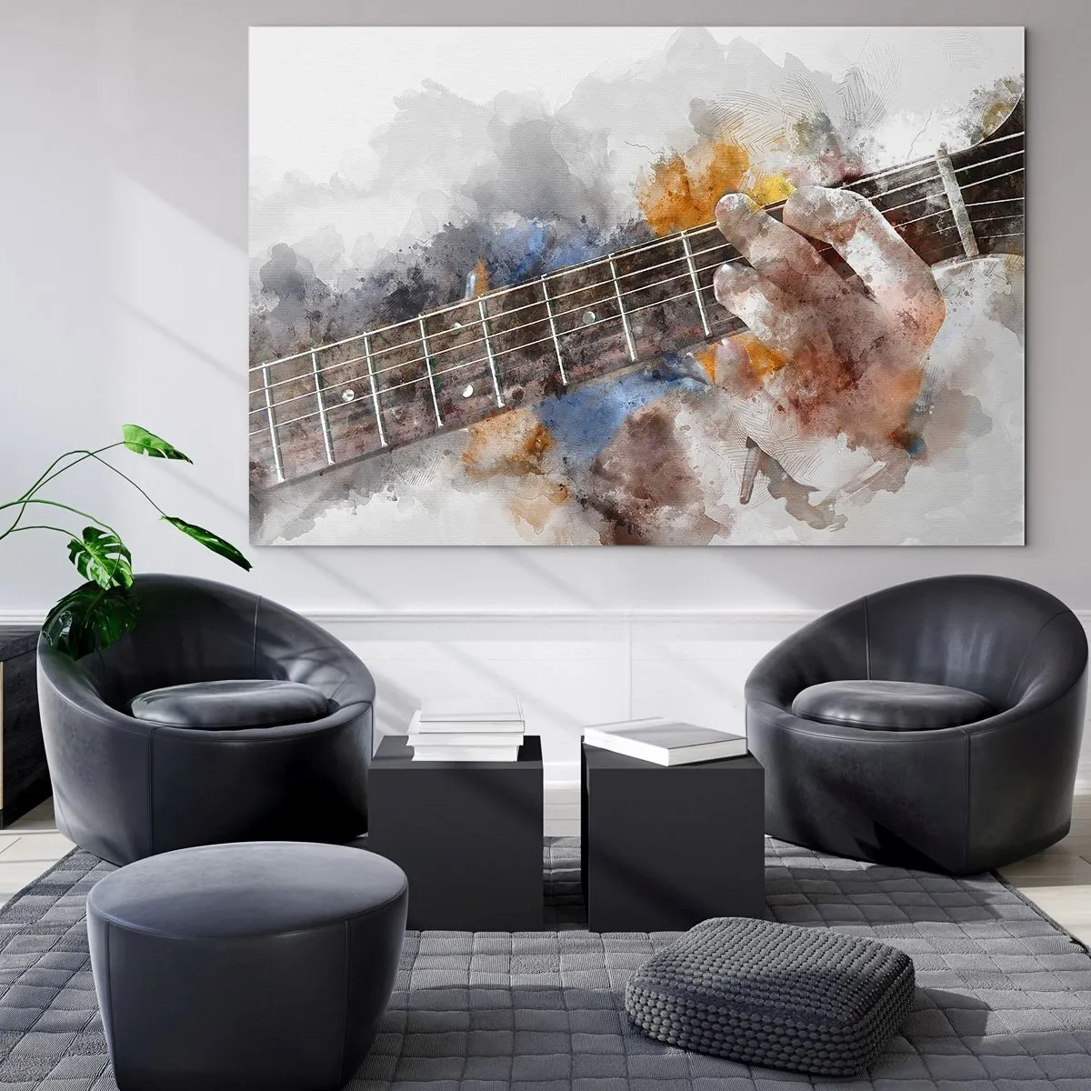 Quadro su vetro - Motivo acquerello di una mano che suona una chitarra - 100x70cm - Poesia tra le corde - Decorazione murale moderna per soggiorno e camera da letto ARTTOR