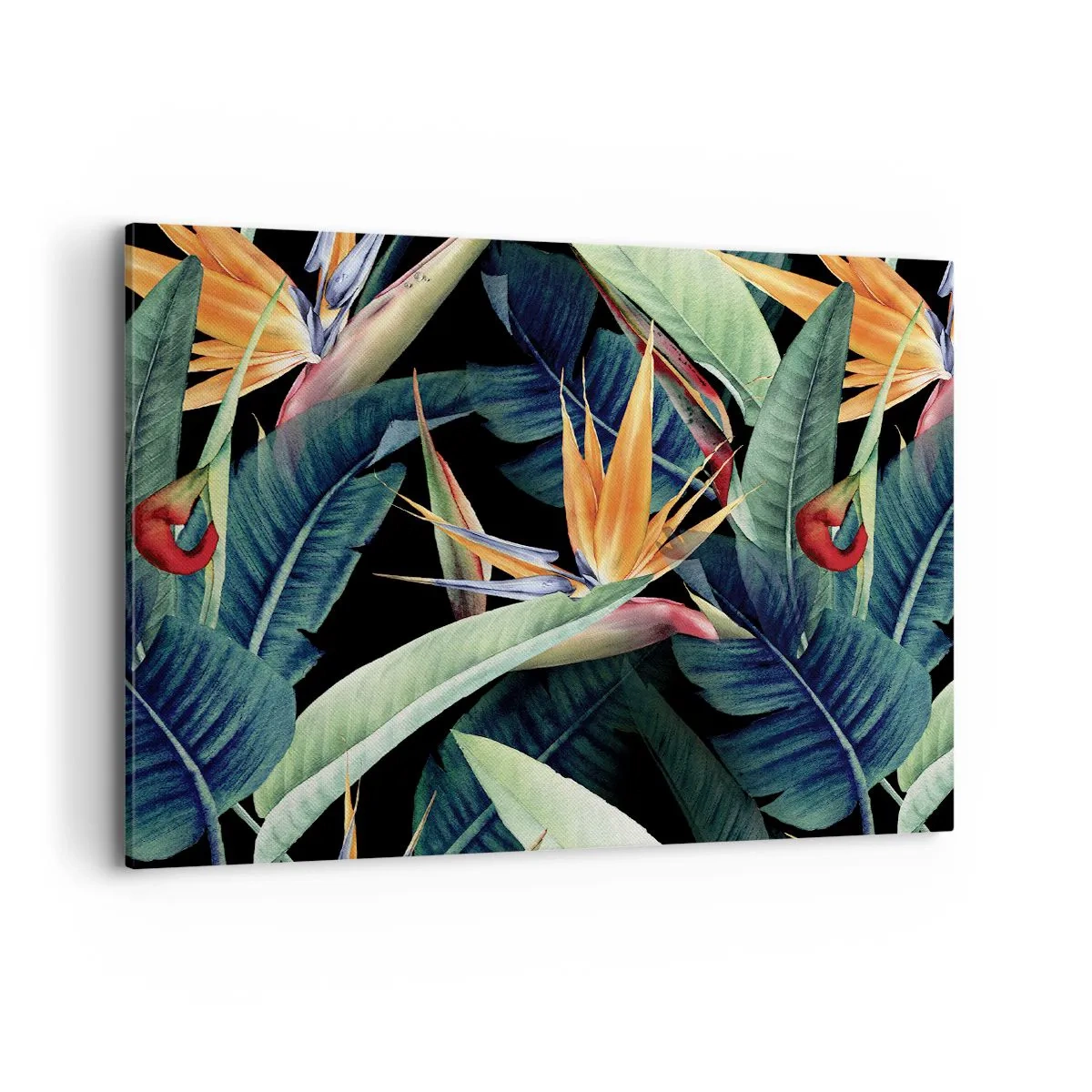 Quadro su tela - Stampe su Tela - Fiori e foglie tropicali su sfondo nero - 100x70cm - I fiori fiammeggianti dei tropici - Decorazione murale moderna per soggiorno e camera da letto ARTTOR
