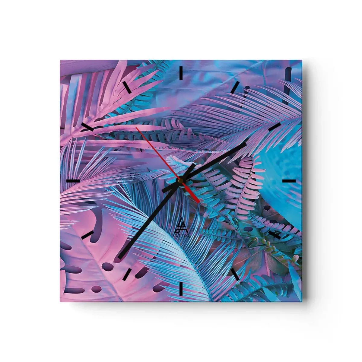 Orologio da parete - Orologio in Vetro - Foglie tropicali nelle tonalità del rosa e del blu - 30x30cm - Tropici in rosa e blu - Decorazione murale moderna per soggiorno e camera da letto ARTTOR
