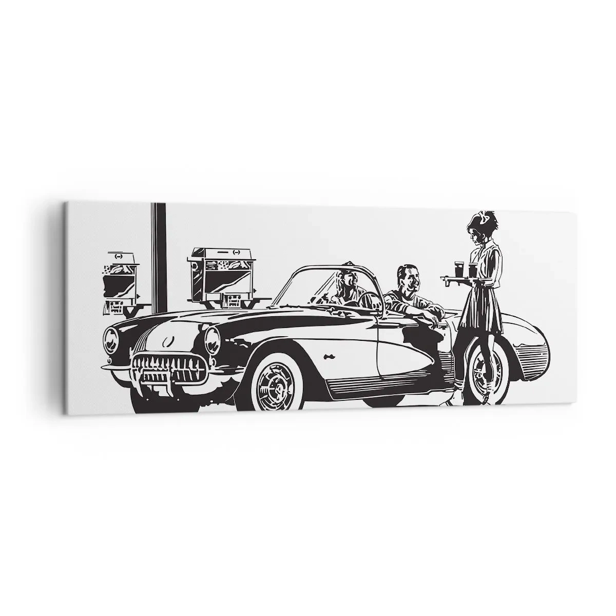 Quadro su tela - Stampe su Tela - Una scena retrò in bianco e nero con un'auto e una cameriera sui pattini a rotelle. - 140x50cm - Anni '60: l'America spensierata - Decorazione murale moderna per soggiorno e camera da letto ARTTOR