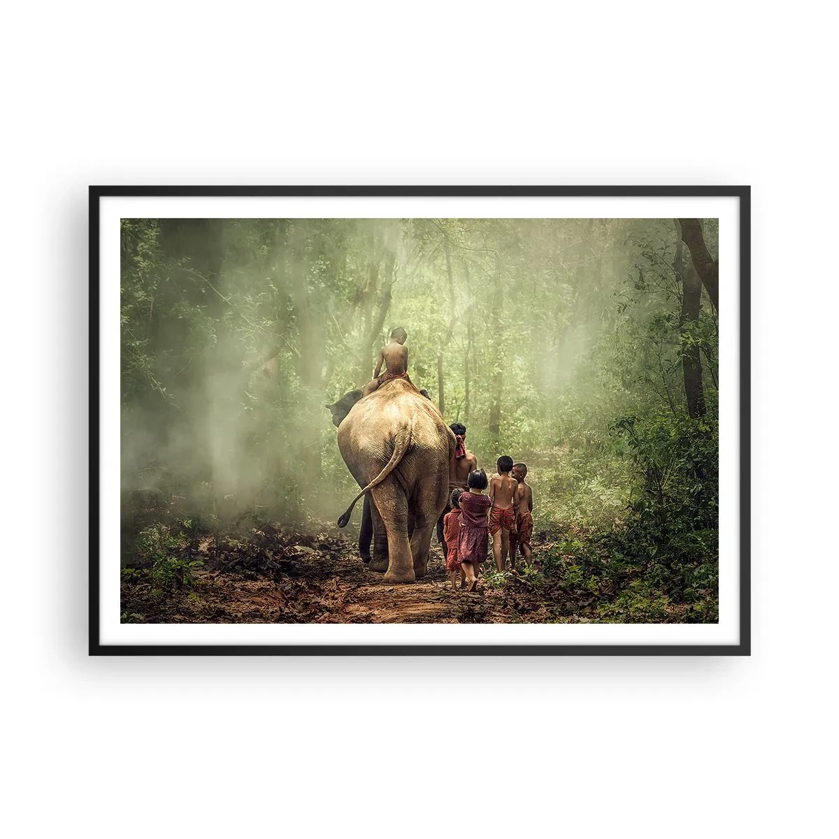 Poster in cornice nera - Bambini con un elefante in una foresta verde alla luce del mattino - 100x70cm - Il nuovo Libro della Giungla - Decorazione murale moderna per soggiorno e camera da letto ARTTOR