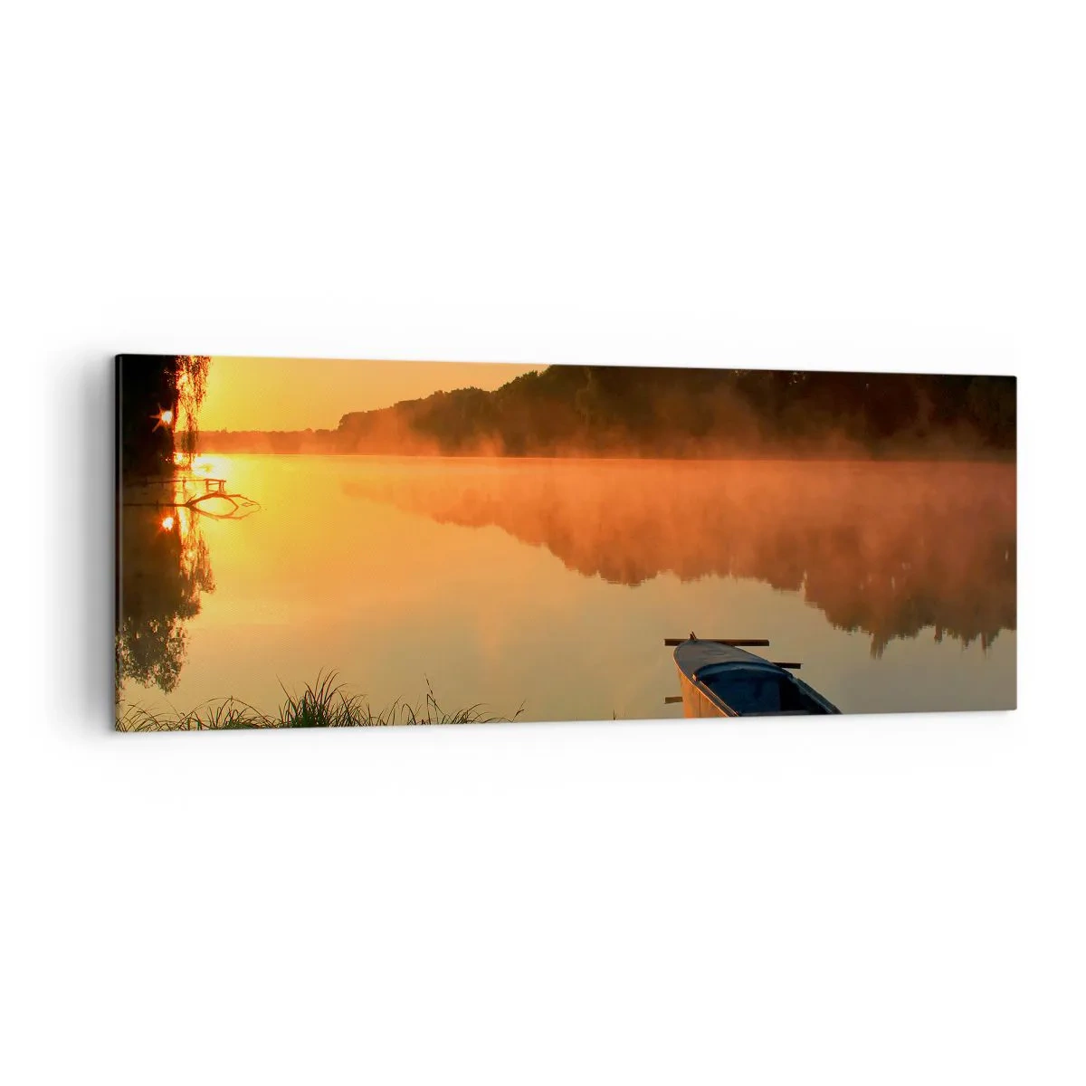 Quadro su tela - Stampe su Tela - Nebbia mattutina sul fiume con una barca sotto i raggi del sole - 140x50cm - Alba sull'acqua, come uno specchio - Decorazione murale moderna per soggiorno e camera da letto ARTTOR