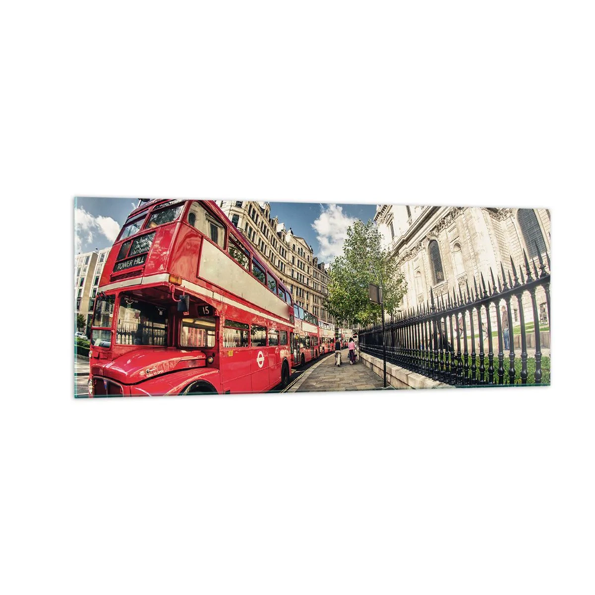 Quadro su vetro - Autobus rosso a due piani a Londra vicino alla strada e alla cattedrale - 140x50cm - Via di Londra in grigio e rosso - Decorazione murale moderna per soggiorno e camera da letto ARTTOR