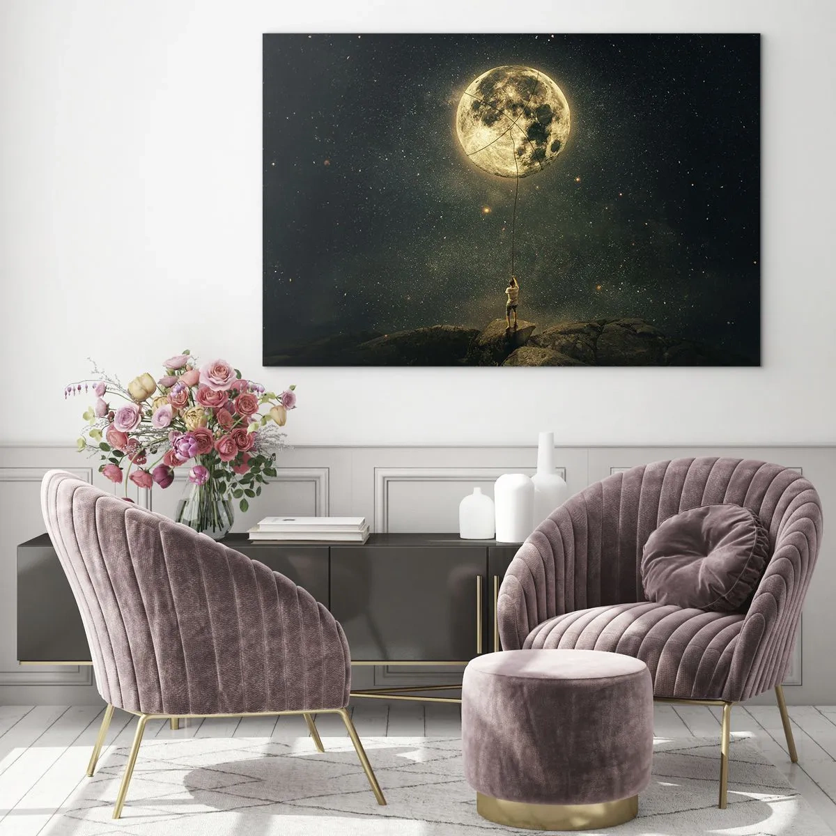 Quadro su vetro - Una figura su una roccia che tiene in mano la luna, intrappolata con una corda. - 100x70cm - Chi ha rubato la luna - Decorazione murale moderna per soggiorno e camera da letto ARTTOR
