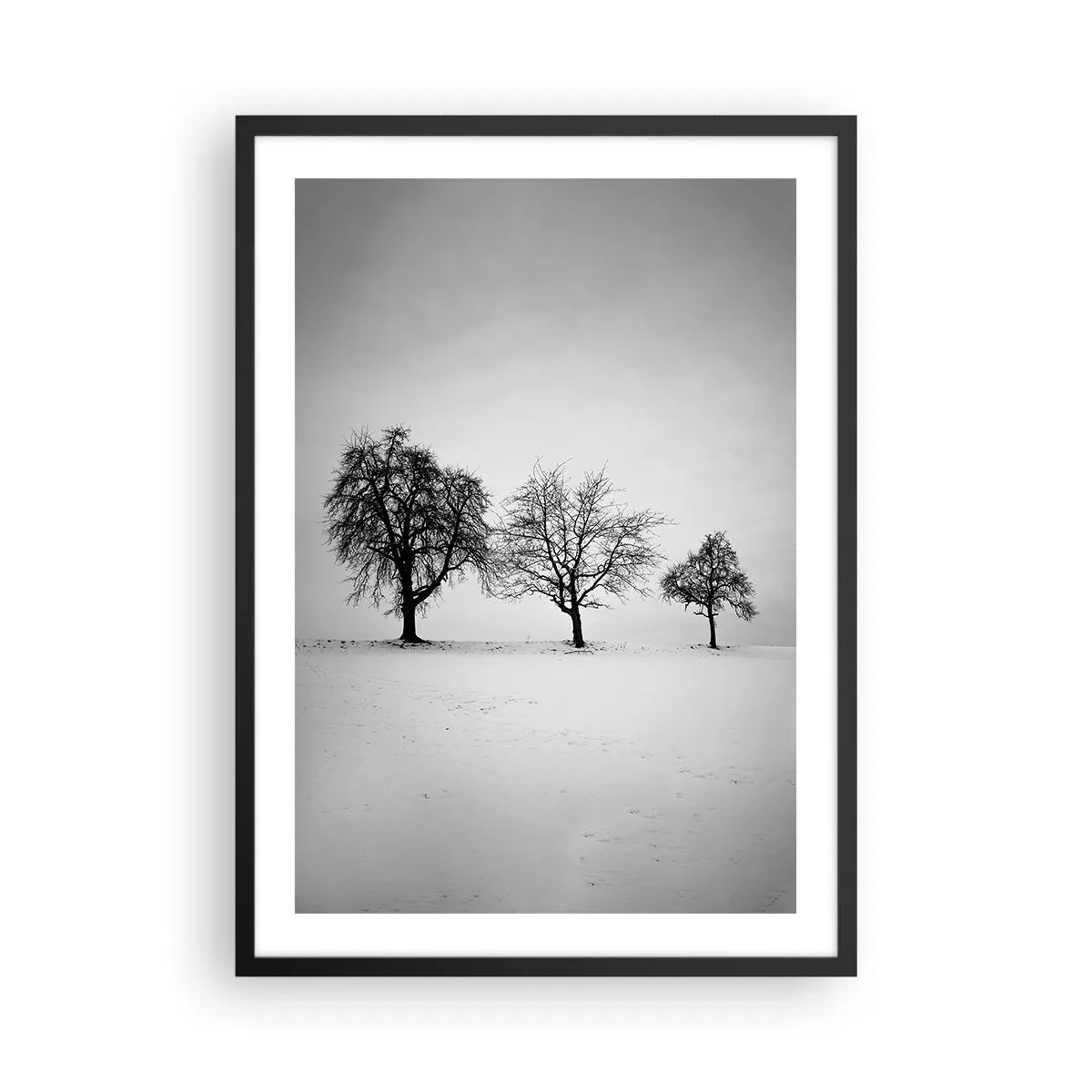 Poster in cornice nera - Tre alberi in un campo innevato in bianco e nero - 50x70cm - Cosa sognano? - Decorazione murale moderna per soggiorno e camera da letto ARTTOR