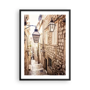 Poster in cornice nera - Un'affascinante strada in pietra con lanterne e scale - 50x70cm - Un vicolo affascinante - Decorazione murale moderna per soggiorno e camera da letto ARTTOR