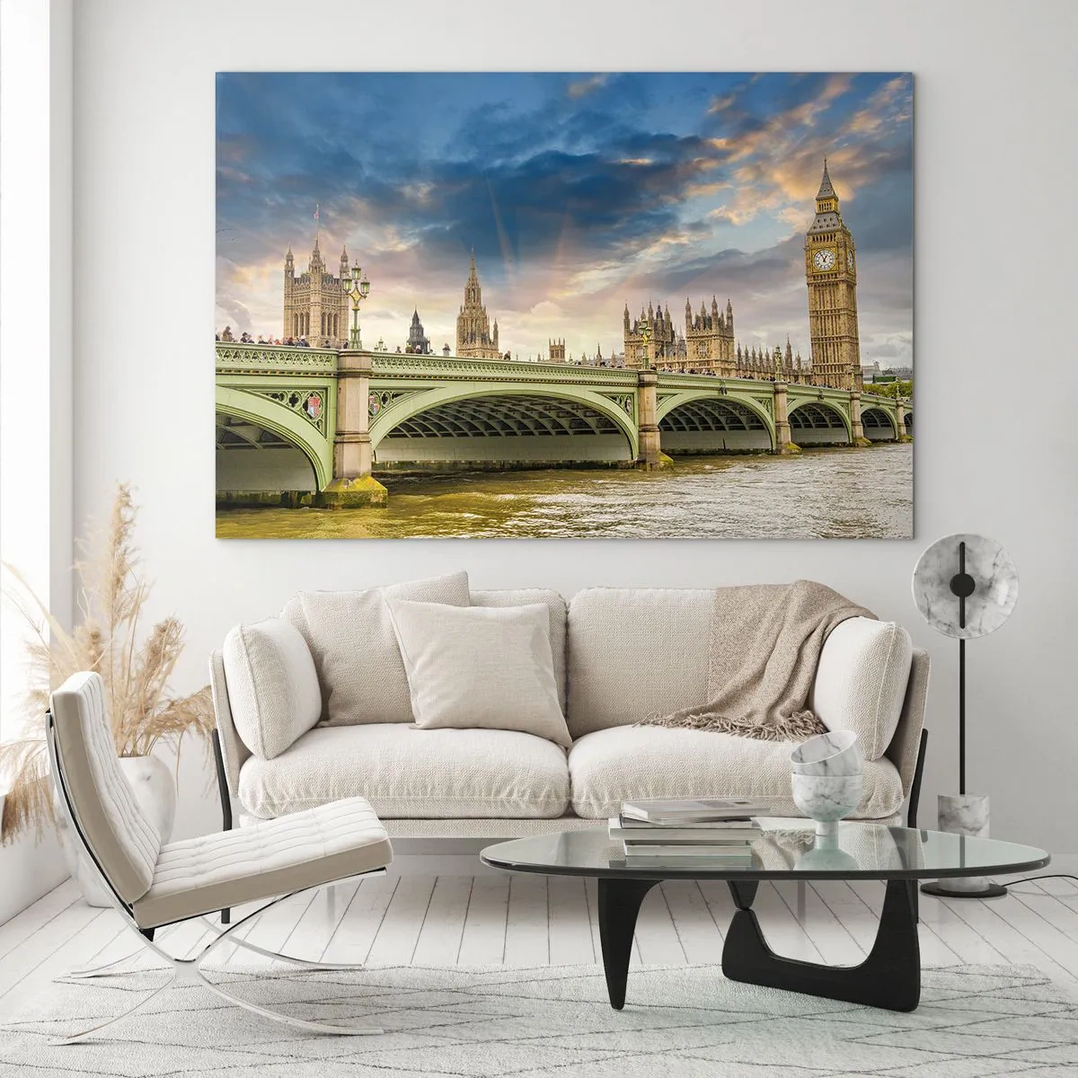 Quadro su vetro - Big Ben e Westminster Bridge al tramonto - 120x80cm - Nell'Impero il tempo si è fermato - Decorazione murale moderna per soggiorno e camera da letto ARTTOR