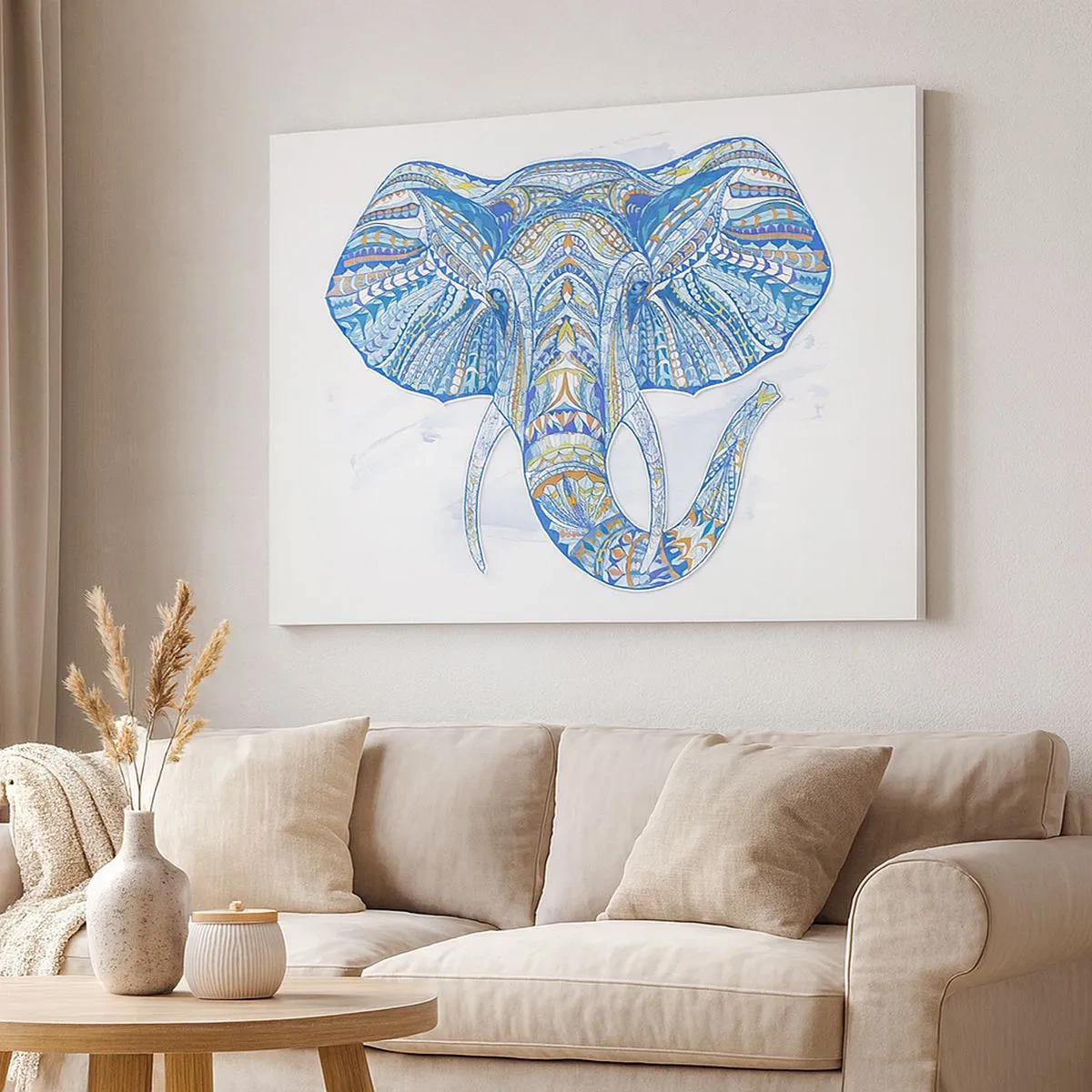 Quadro su tela - Stampe su Tela - Elefante geometrico nei toni del blu e dell'oro - 70x50cm - Intarsiato con oro e blu - Decorazione murale moderna per soggiorno e camera da letto ARTTOR