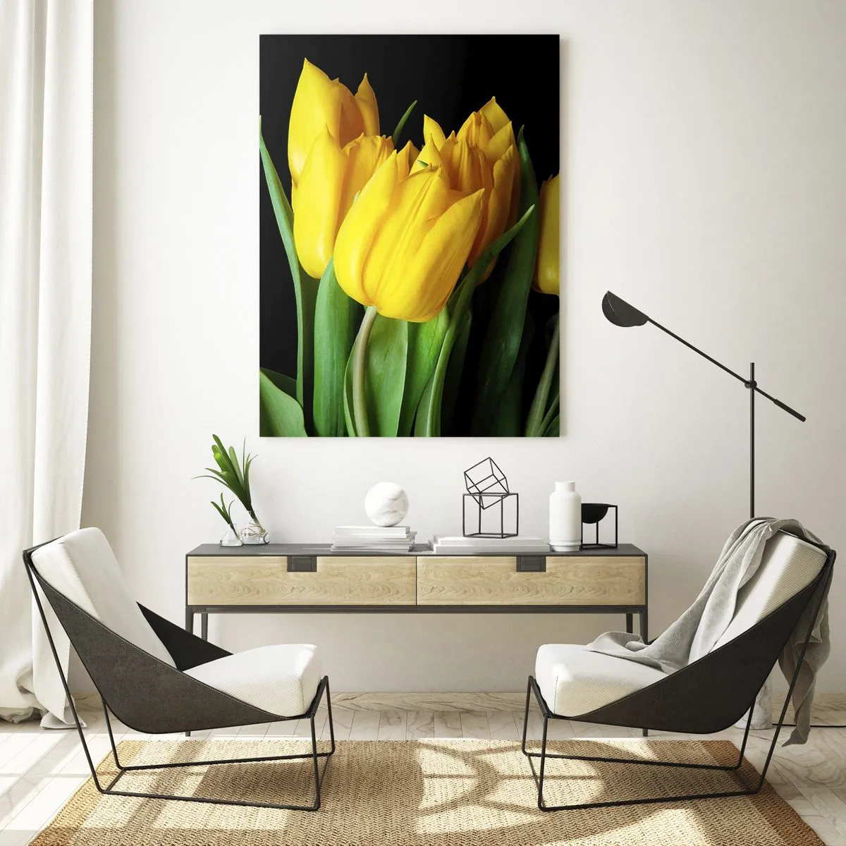 Quadro su vetro - Tulipani gialli su sfondo nero in uno scatto elegante - 50x70cm - Fatti di puro sole - Decorazione murale moderna per soggiorno e camera da letto ARTTOR