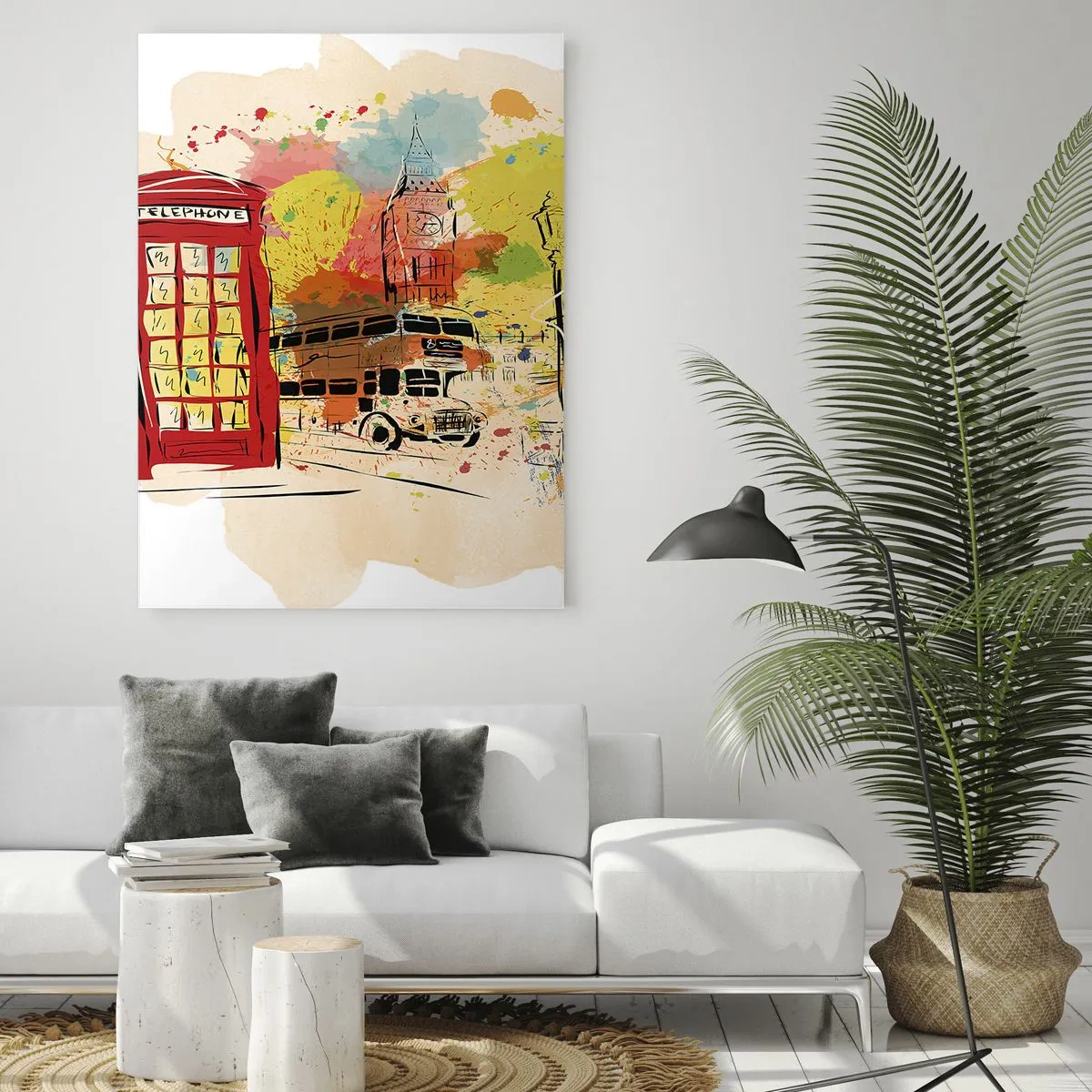 Quadro su vetro - Tema di Londra con autobus rosso e cabina - 80x120cm - La città della varietà - Decorazione murale moderna per soggiorno e camera da letto ARTTOR