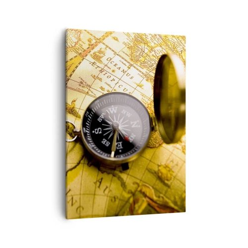 Quadro su tela - Stampe su Tela - Una bussola antica sullo sfondo di una vecchia mappa del mondo - 50x70cm - Forse all'estremità del mondo? - Decorazione murale moderna per soggiorno e camera da letto ARTTOR