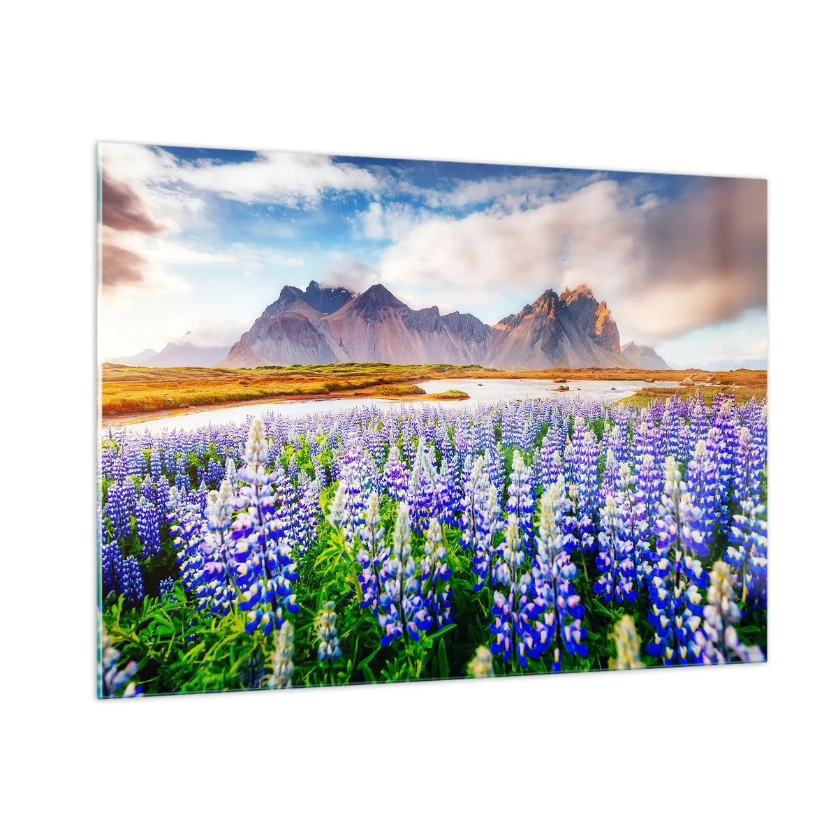 Quadro su vetro - Un paesaggio montano con un prato fiorito e cime maestose - 100x70cm - Forza e asprezza accanto alla mitezza - Decorazione murale moderna per soggiorno e camera da letto ARTTOR