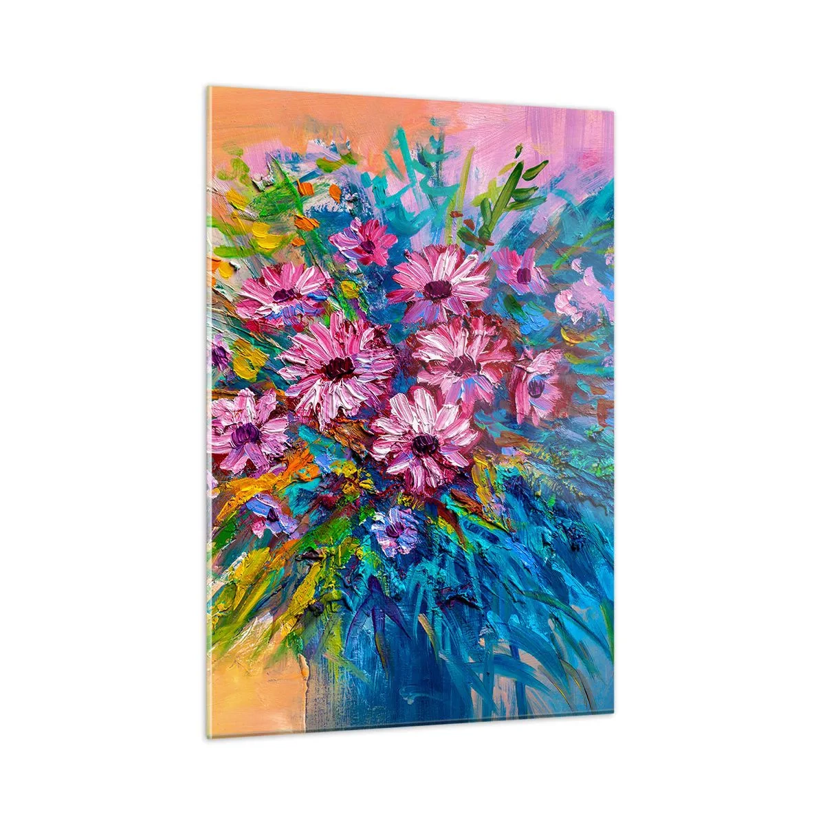 Quadro su vetro - Un bouquet di fiori rosa in una composizione artistica e colorata - 50x70cm - L'energia della vita - Decorazione murale moderna per soggiorno e camera da letto ARTTOR