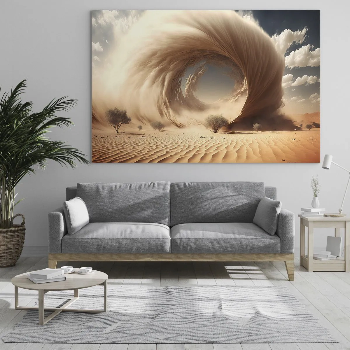 Quadro su vetro - Un vortice di sabbia del deserto crea un portale tra il cielo e le dune. - 100x70cm - Il portale è aperto - Decorazione murale moderna per soggiorno e camera da letto ARTTOR