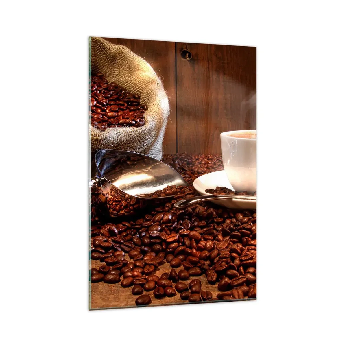 Quadro su vetro - Una tazza di caffè con chicchi di caffè e un sacco di cereali sullo sfondo - 80x120cm - Senti questo odore? - Decorazione murale moderna per soggiorno e camera da letto ARTTOR