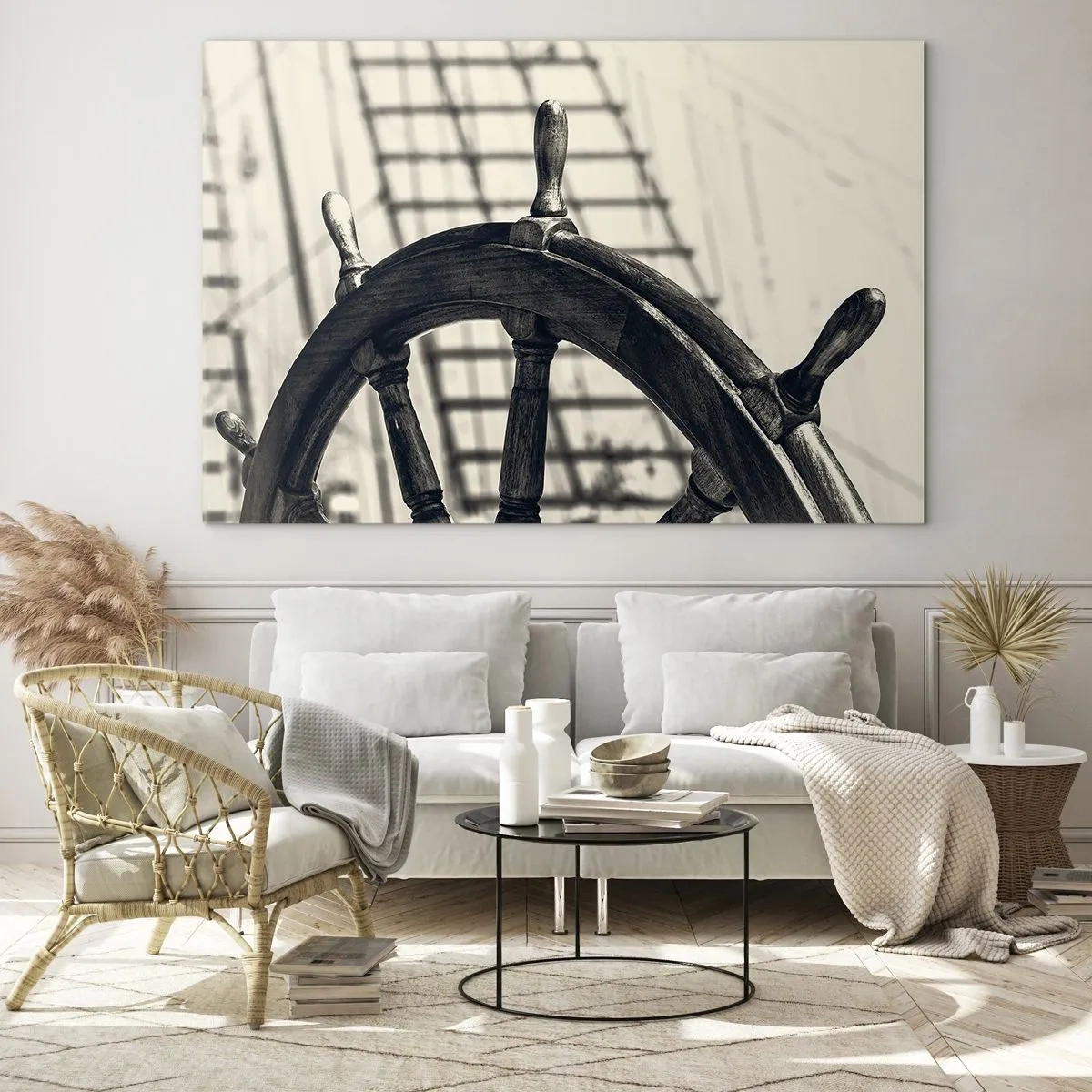 Quadro su vetro - Timone nautico bianco e nero - 120x80cm - Racconti del mare - Decorazione murale moderna per soggiorno e camera da letto ARTTOR