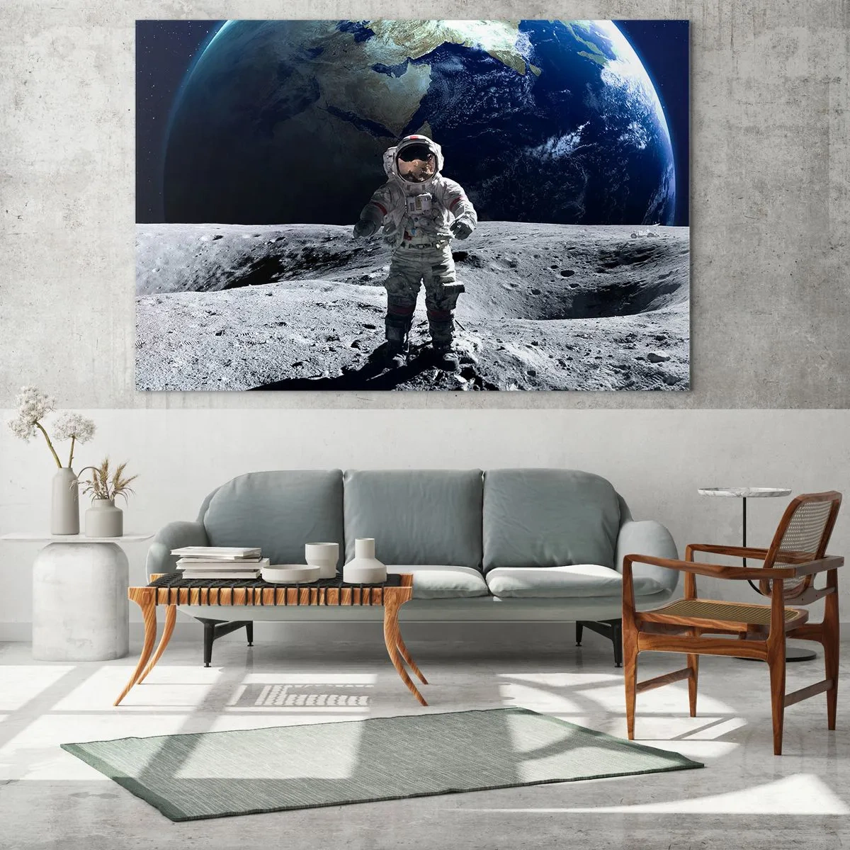 Quadro su vetro - Astronauta sulla superficie della Luna con la Terra sullo sfondo - 70x50cm - Saluti dalla luna - Decorazione murale moderna per soggiorno e camera da letto ARTTOR