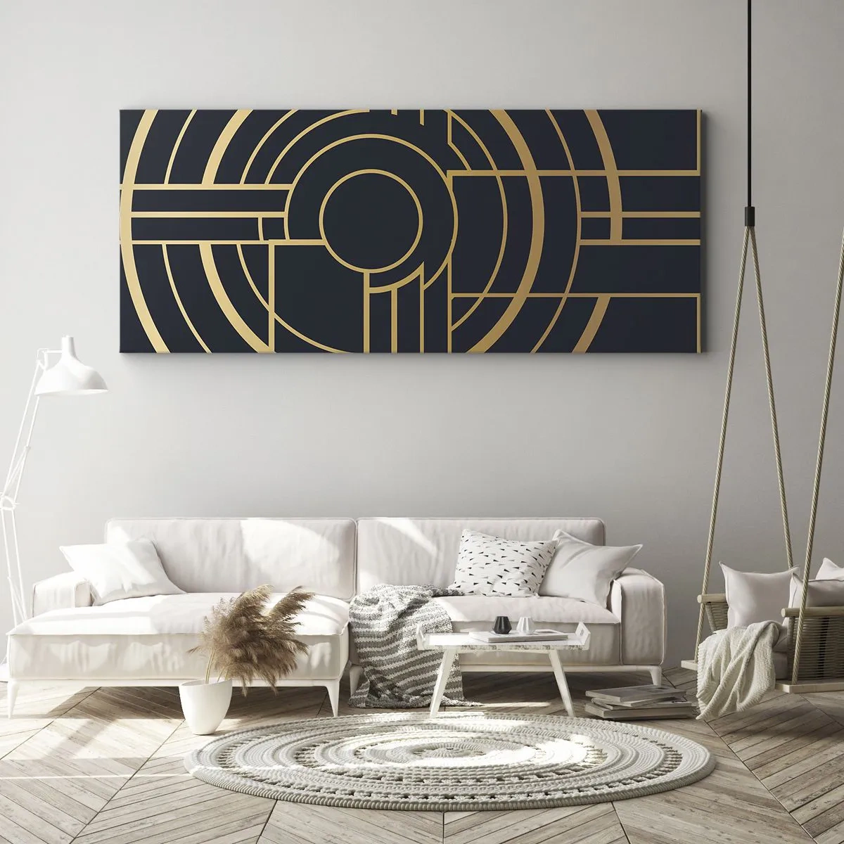 Quadro su tela - Stampe su Tela - Motivo geometrico con linee dorate - 120x50cm - Il giro delle cose - Decorazione murale moderna per soggiorno e camera da letto ARTTOR