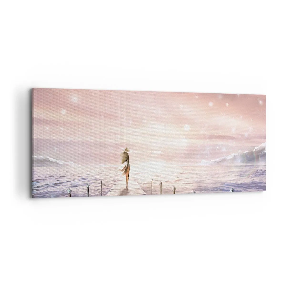 Quadro su tela - Stampe su Tela - Una donna su un molo in una magica cornice al tramonto - 120x50cm - Alla luce del sogno - Decorazione murale moderna per soggiorno e camera da letto ARTTOR