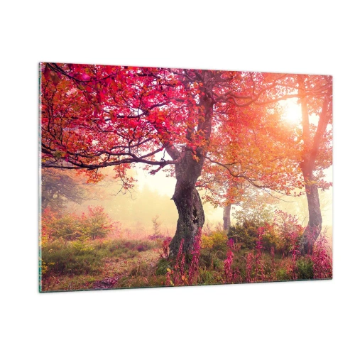 Quadro su vetro - Foresta autunnale con raggi di sole al mattino - 120x80cm - L'esplosione della fioritura - Decorazione murale moderna per soggiorno e camera da letto ARTTOR