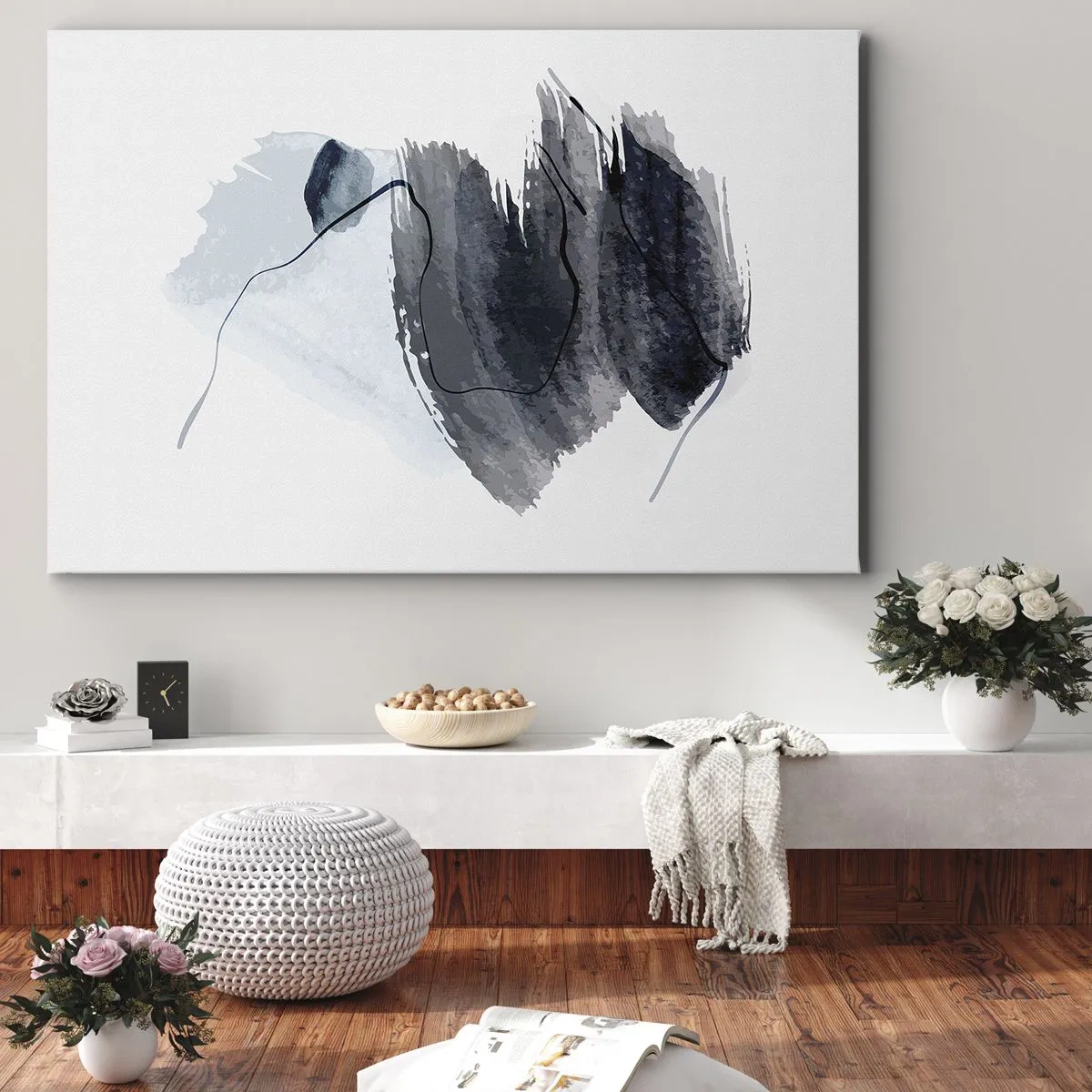 Quadro su tela - Stampe su Tela - Composizione astratta nei toni del grigio e del blu - 120x80cm - Intensità e movimento - Decorazione murale moderna per soggiorno e camera da letto ARTTOR