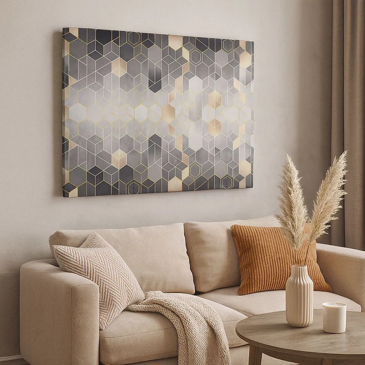 Quadro su tela - Stampe su Tela - Motivo geometrico in tonalità dorate - 70x50cm - Composizione di diamante - Decorazione murale moderna per soggiorno e camera da letto ARTTOR
