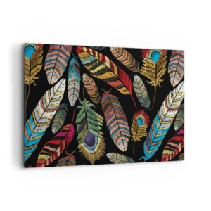 Quadro su tela - Stampe su Tela - Piume colorate su sfondo nero - 100x70cm - Il carnevale degli uccelli - Decorazione murale moderna per soggiorno e camera da letto ARTTOR