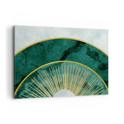 Quadro su tela - Stampe su Tela - Motivo astratto con cerchi nei colori smeraldo e oro. - 100x70cm - Un altro sistema solare - Decorazione murale moderna per soggiorno e camera da letto ARTTOR