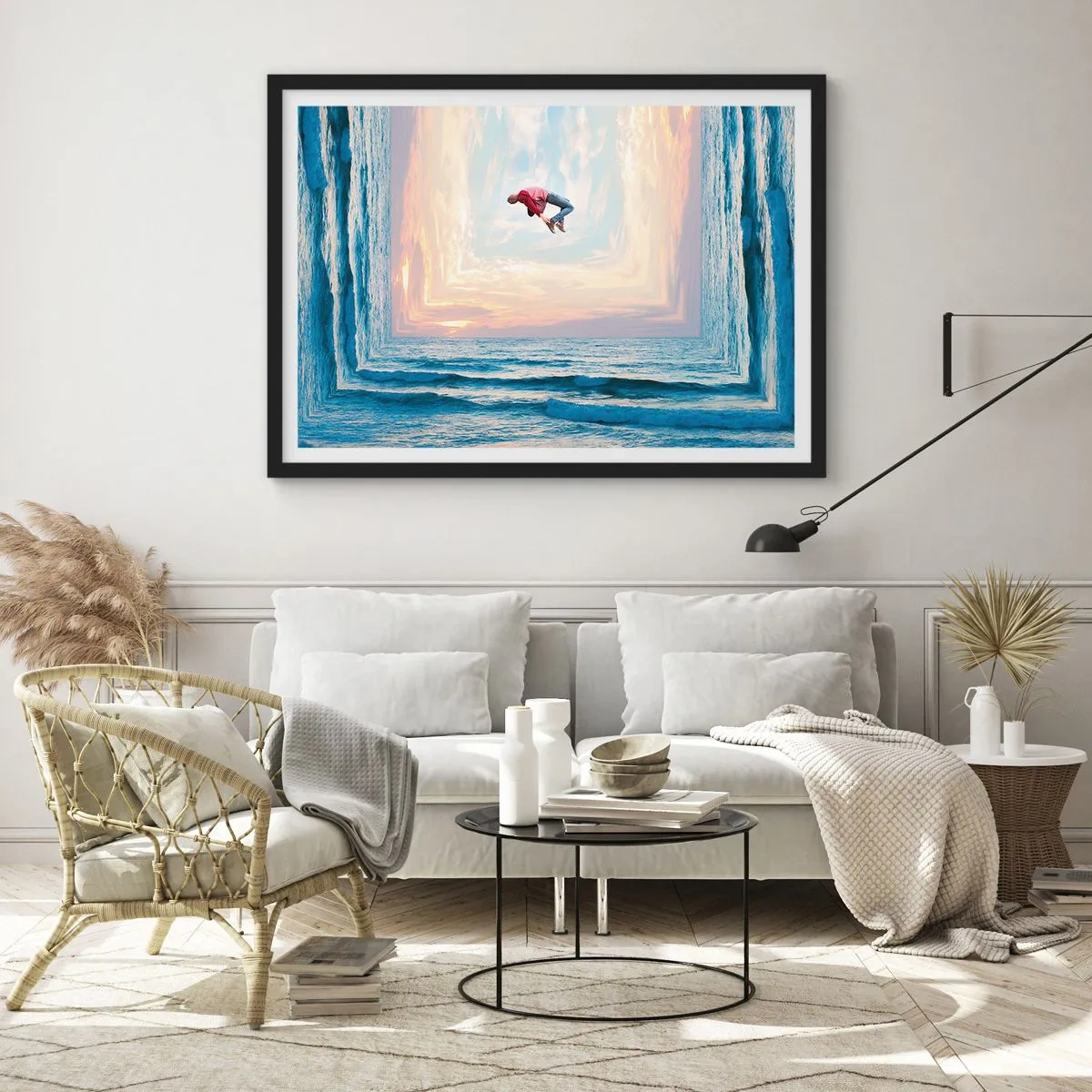 Poster in cornice nera - Salto surreale sul mare nella cornice - 70x50cm - In un'altra dimensione - Decorazione murale moderna per soggiorno e camera da letto ARTTOR
