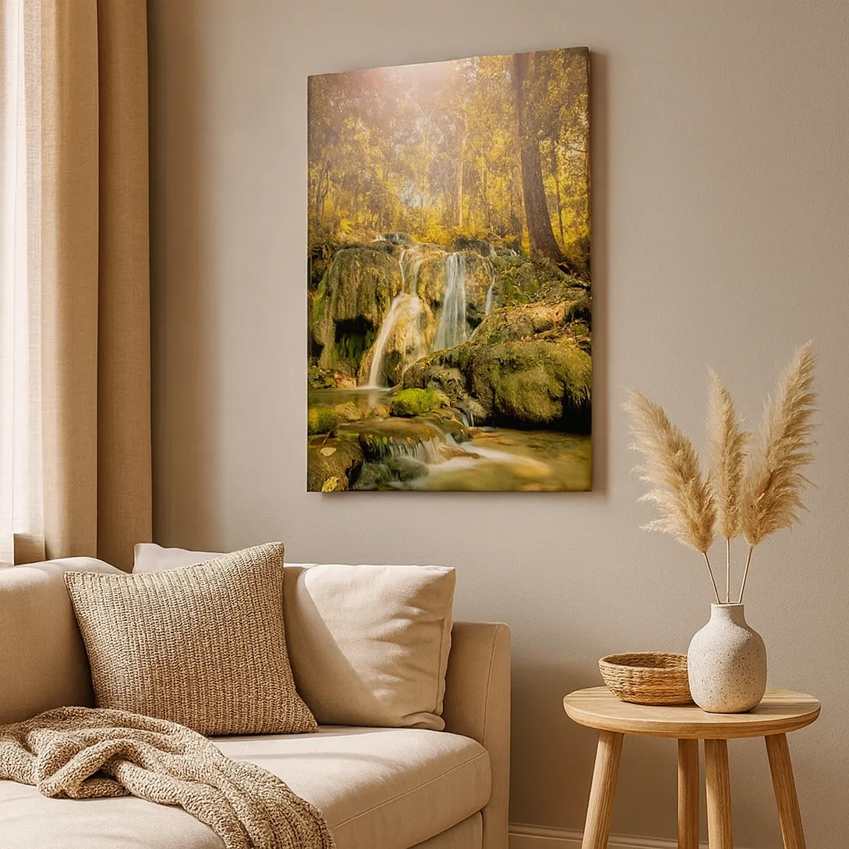 Quadro su tela - Stampe su Tela - Una cascata nella foresta sotto i raggi del sole, circondata dal verde - 50x70cm - Cascata boschiva in verde - Decorazione murale moderna per soggiorno e camera da letto ARTTOR
