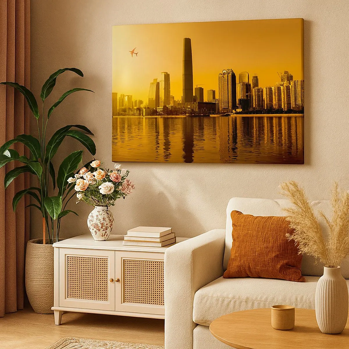 Quadro su tela - Stampe su Tela - Panorama della città al tramonto con grattacieli e un aereo - 70x50cm - Città d'oro - Decorazione murale moderna per soggiorno e camera da letto ARTTOR
