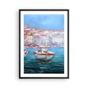 Poster in cornice nera - Una barca nel porto, con vista sulla città - 50x70cm - Golfo italiano - Decorazione murale moderna per soggiorno e camera da letto ARTTOR