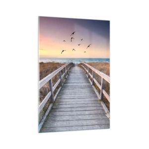 Quadro su vetro - Molo di legno che conduce alla spiaggia al tramonto - 70x100cm - Spazio per volare - Decorazione murale moderna per soggiorno e camera da letto ARTTOR